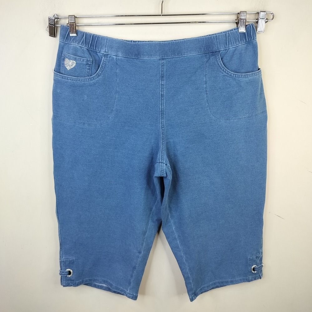 Quacker Factory Dream Jeannes Bermuda Shorts XL Rhinestone Heart Blue Jean